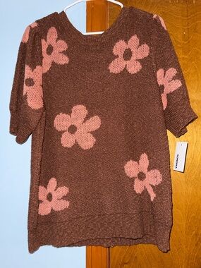 Sonoma Brown Knit Sweater with Pink Flower Motif